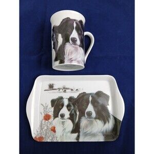 Otter House Cup With Lid And Serving Tray Border Collie Dog Set Made in England
